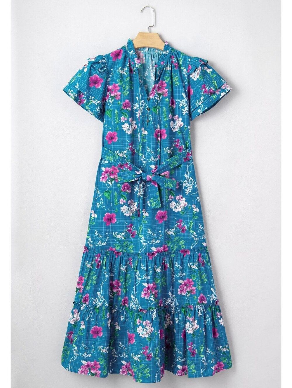 Blue Floral Midi Dress with Ruffle Sleeves and Waist Tie